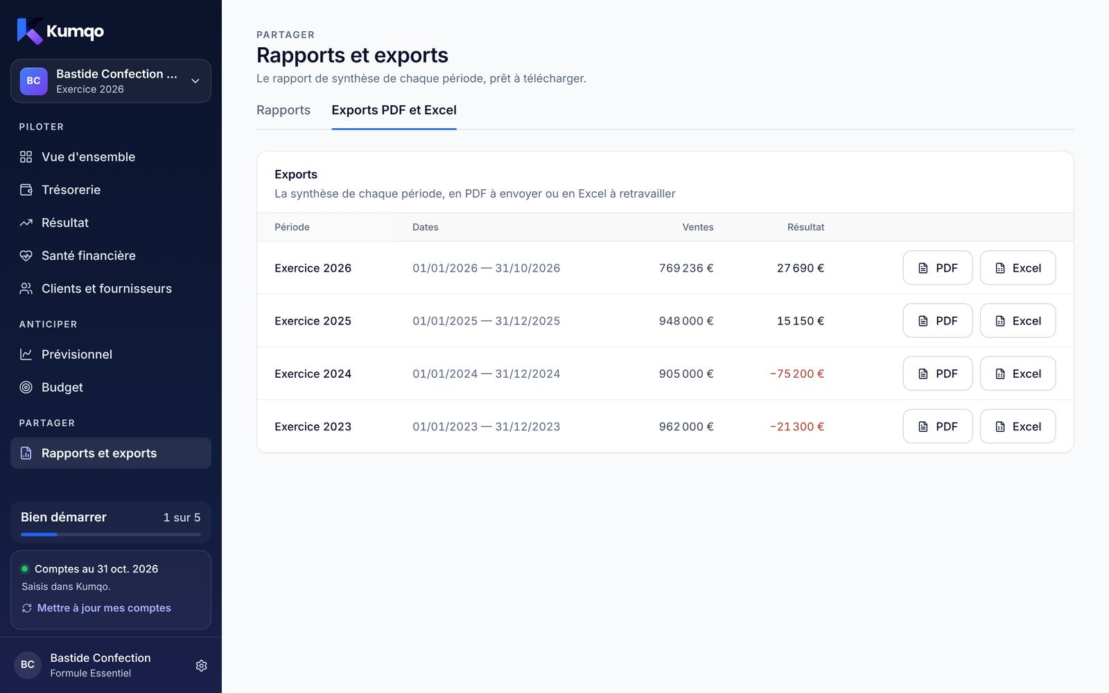 Écran Rapports et exports : la synthèse de chaque exercice, de 2023 à 2026, en PDF et en Excel.